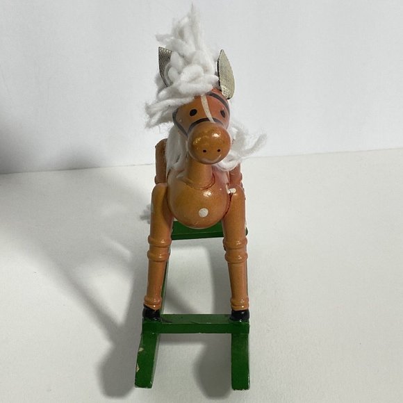 Christmas Rocking Horse Wood Vintage Figure Miniature White Green Brown 7in Tall - Picture 5 of 7